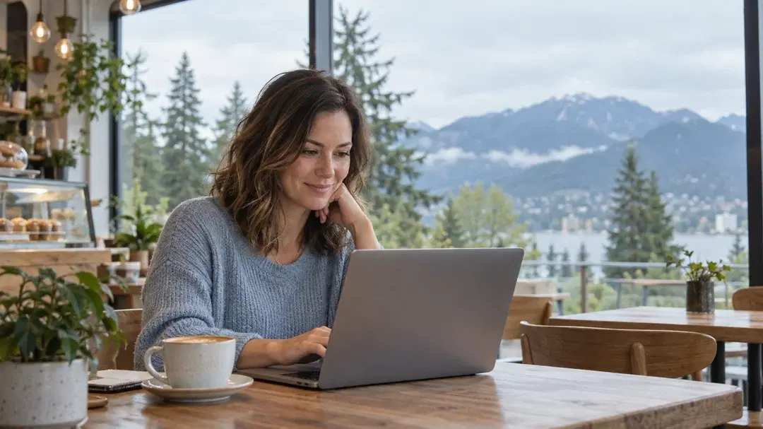 A café owner reviewing her business finances on a laptop, with the North Shore mountains behind her