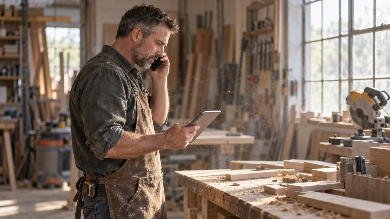 A contractor in his workshop checking an invoice on a tablet while on the phone